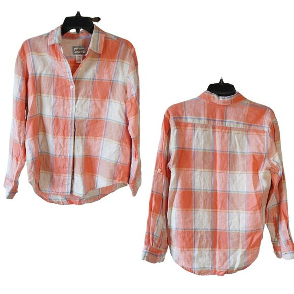 Pendleton, 100% Linen Plaid Button-down Long Sleeve Shirt, Orange, Blue - Picture 2 of 8